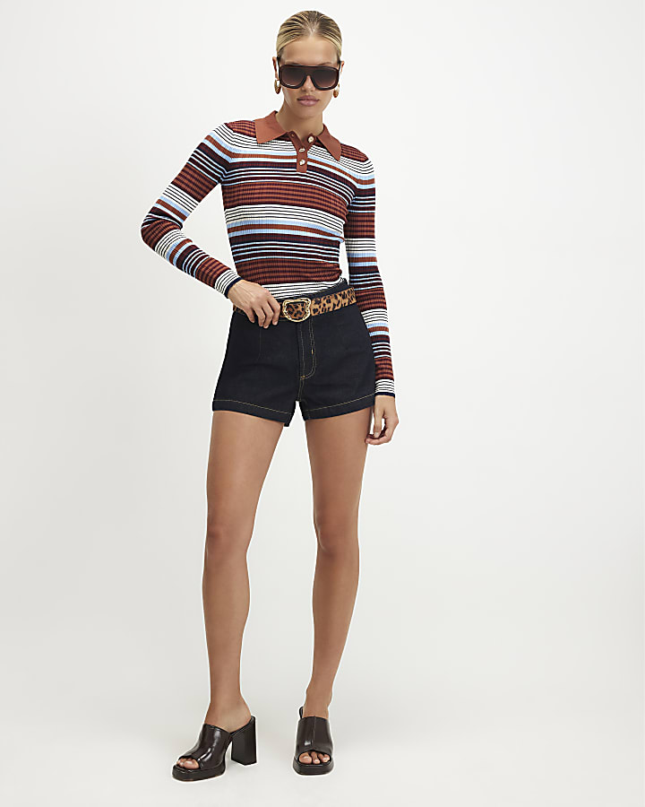 Blue Striped Rib Knit Polo Top