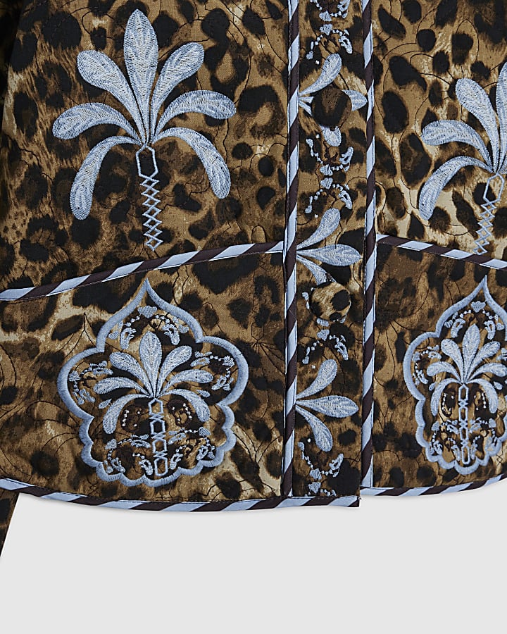 Brown Floral Leopard Print Quilted Jacket