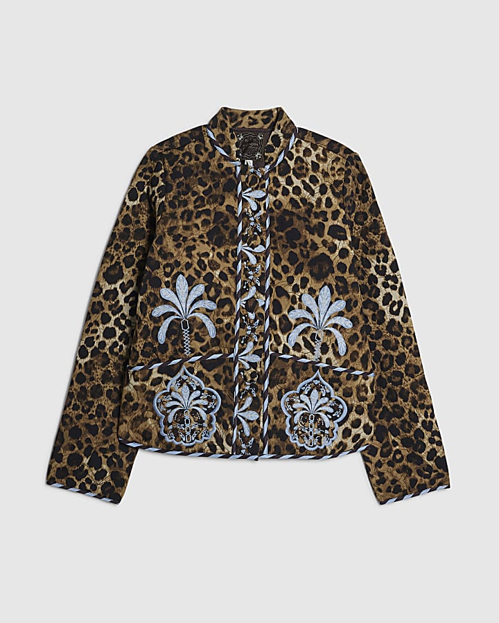 Brown Floral Leopard Print Quilted Jacket