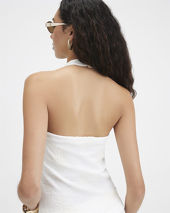 Cream Embroidered Floral Halter Neck Top