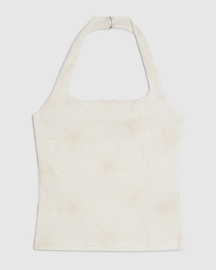 Cream Embroidered Floral Halter Neck Top