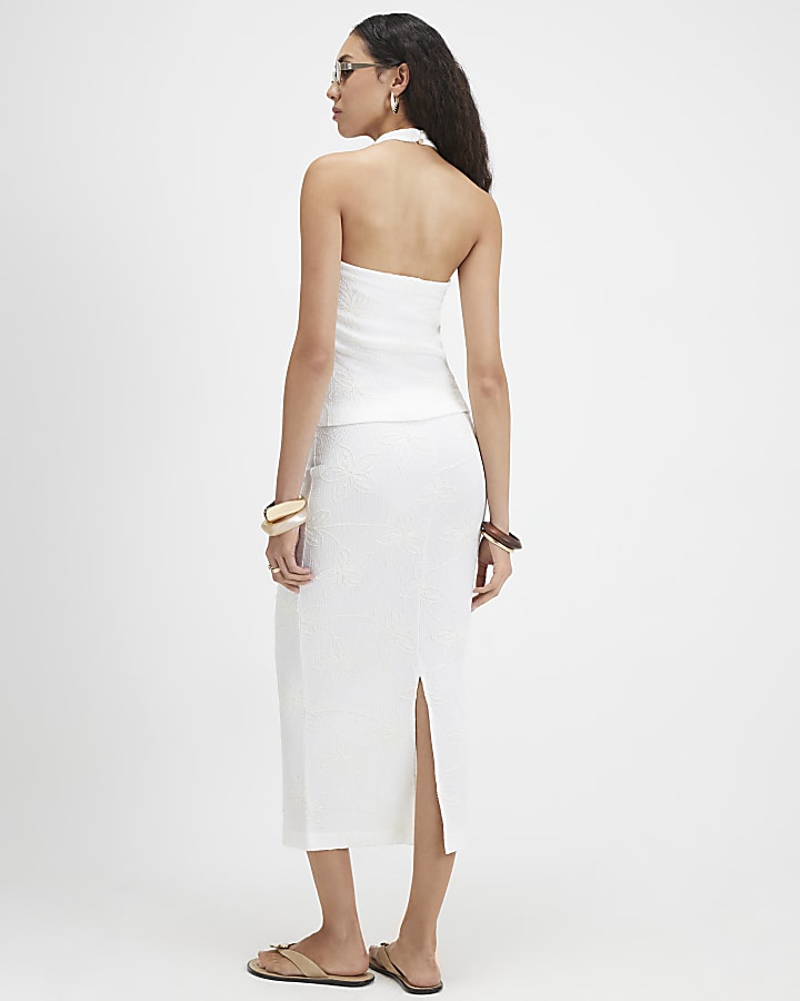 Cream Embroidered Floral Maxi Skirt