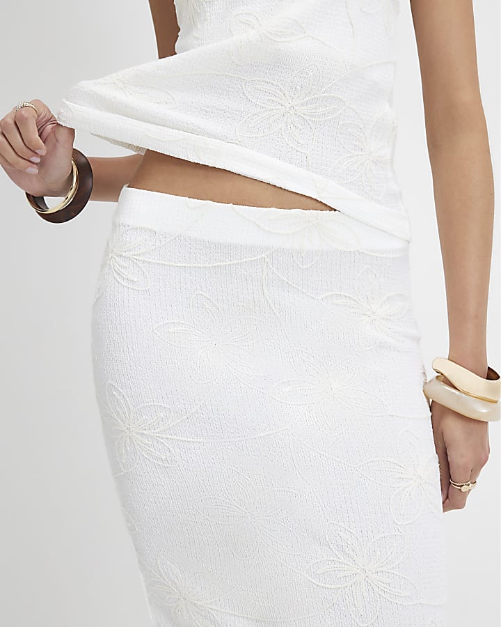 Cream Embroidered Floral Maxi Skirt
