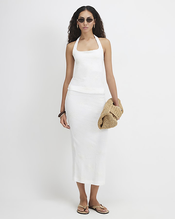 Cream Embroidered Floral Maxi Skirt