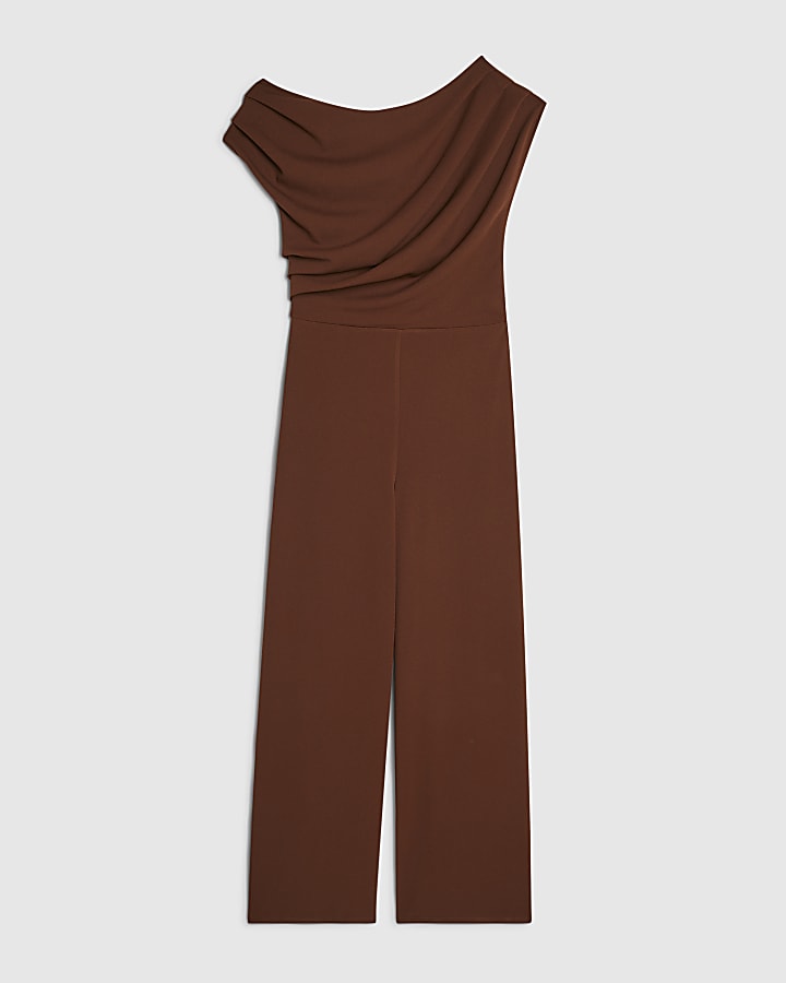 Brown Short Sleeve Asymmetric Drape Jumpsuit