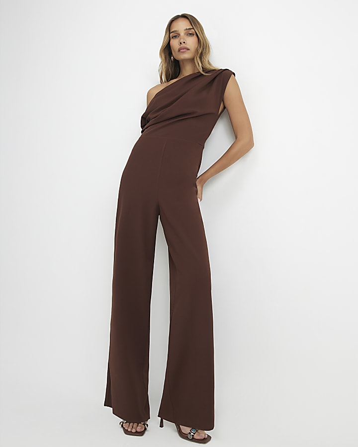 Brown Short Sleeve Asymmetric Drape Jumpsuit