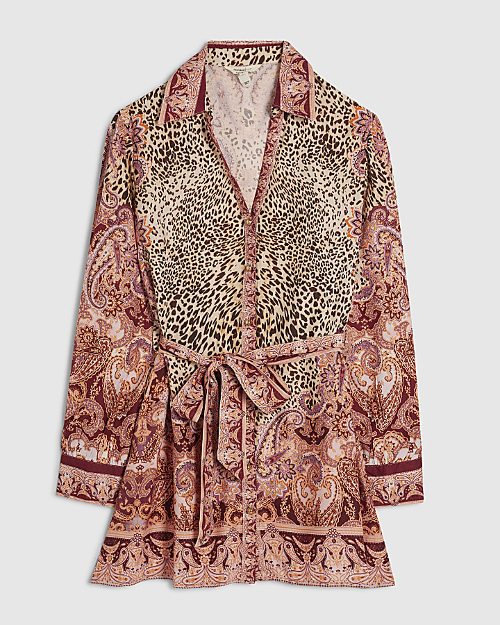Petite Brown Border Print Shirt Dress