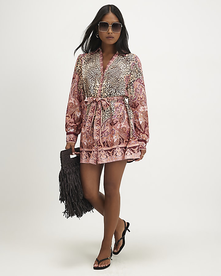 Petite Brown Border Leopard Print Shirt Dress