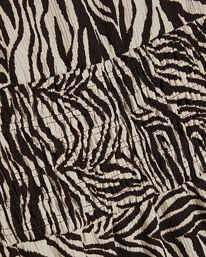 Beige Zebra Print Textured Shirred Mini Dress