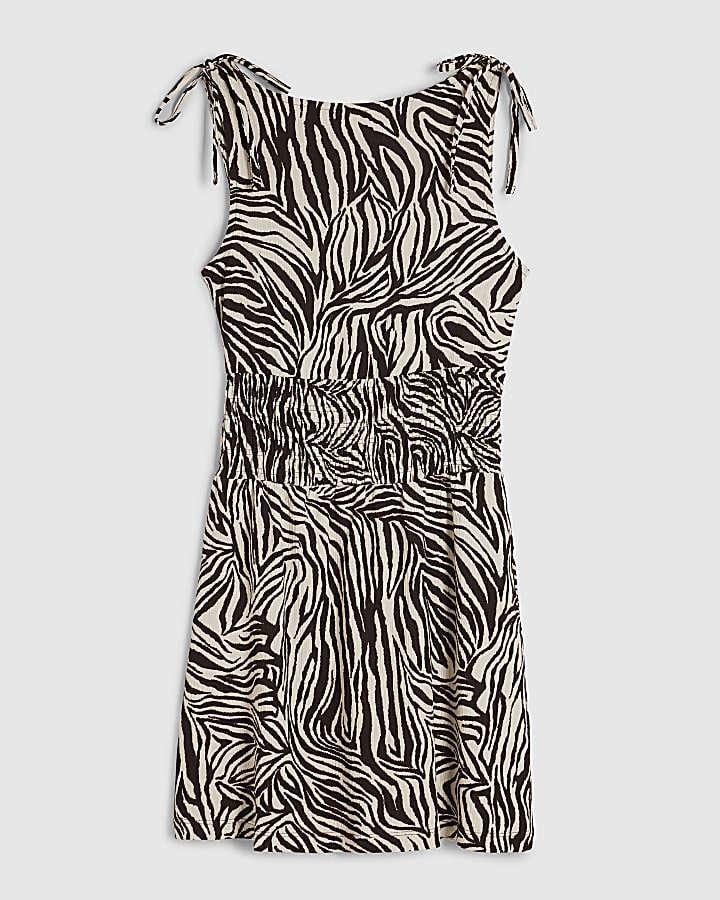 Beige Zebra Print Textured Shirred Mini Dress