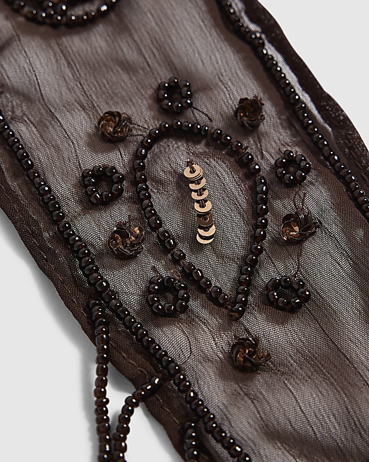 Brown - Dark embellished skinny scarf
