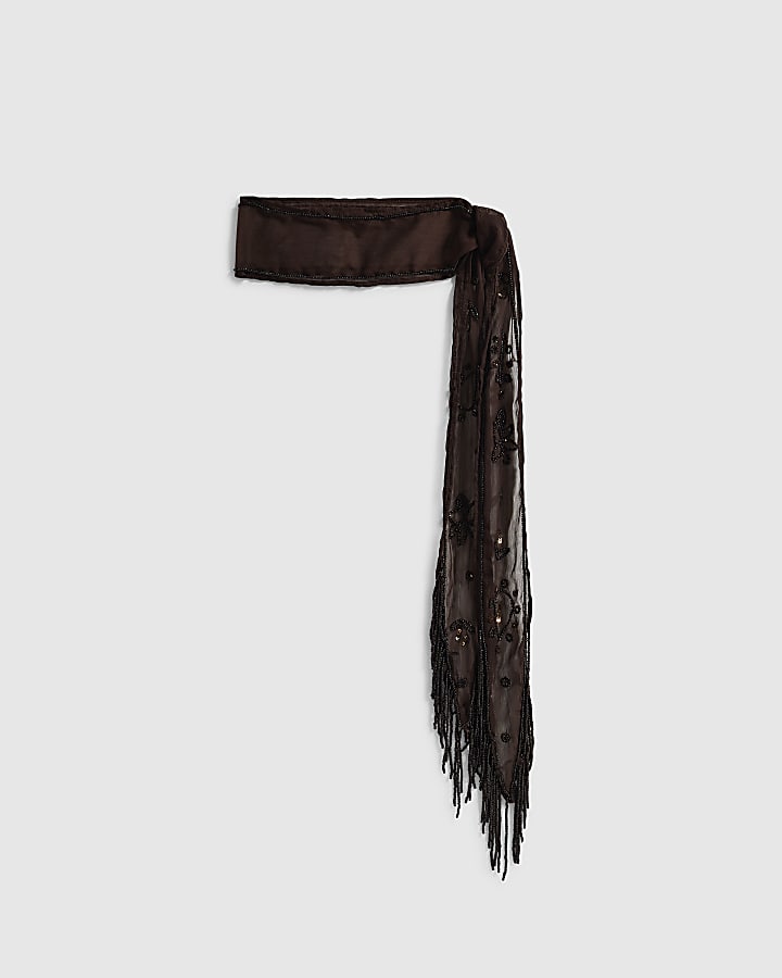 Brown - Dark embellished skinny scarf