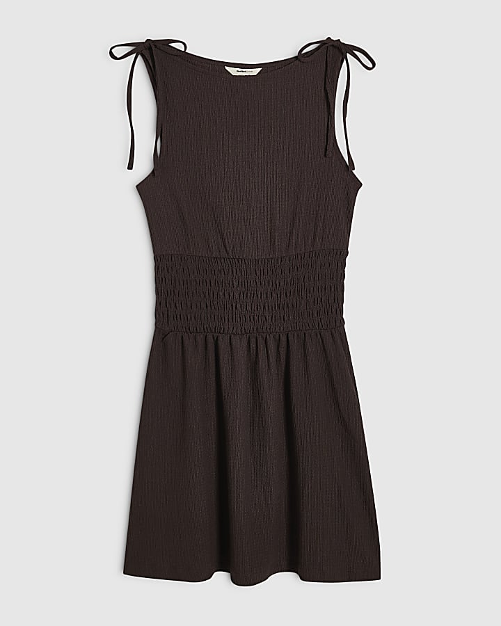 Brown Sleeveless Shirred Textured Mini Dress