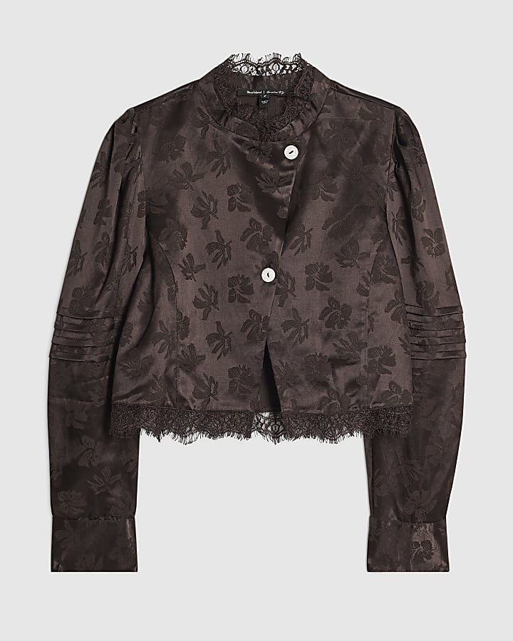 Brown Lace Trim Satin Jacquard Top