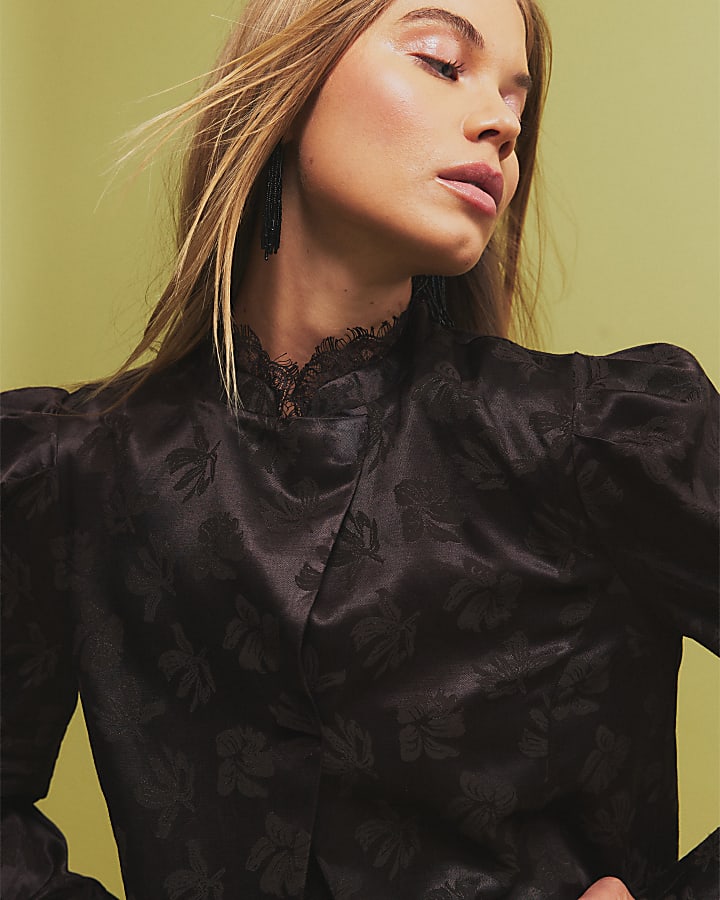 Brown Lace Trim Satin Jacquard Top