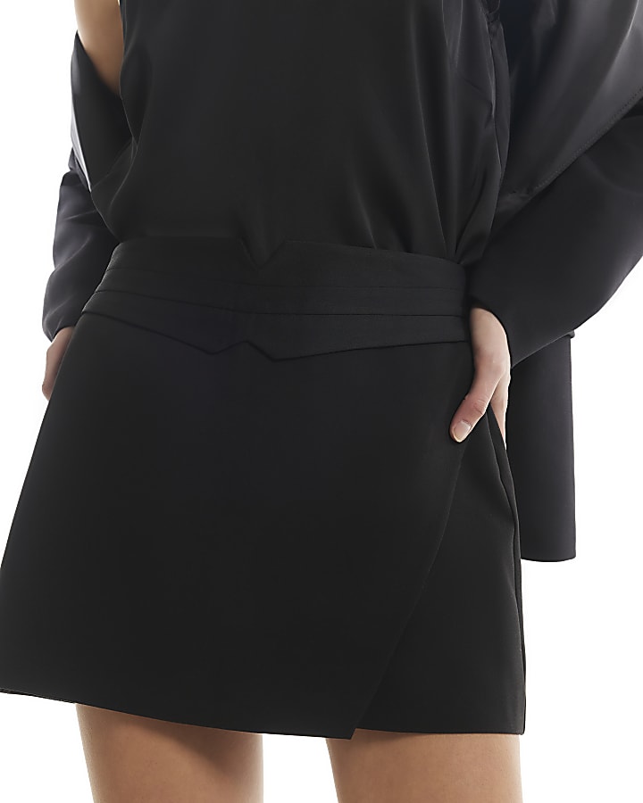 Black Tux Detail Wrap Front Skort