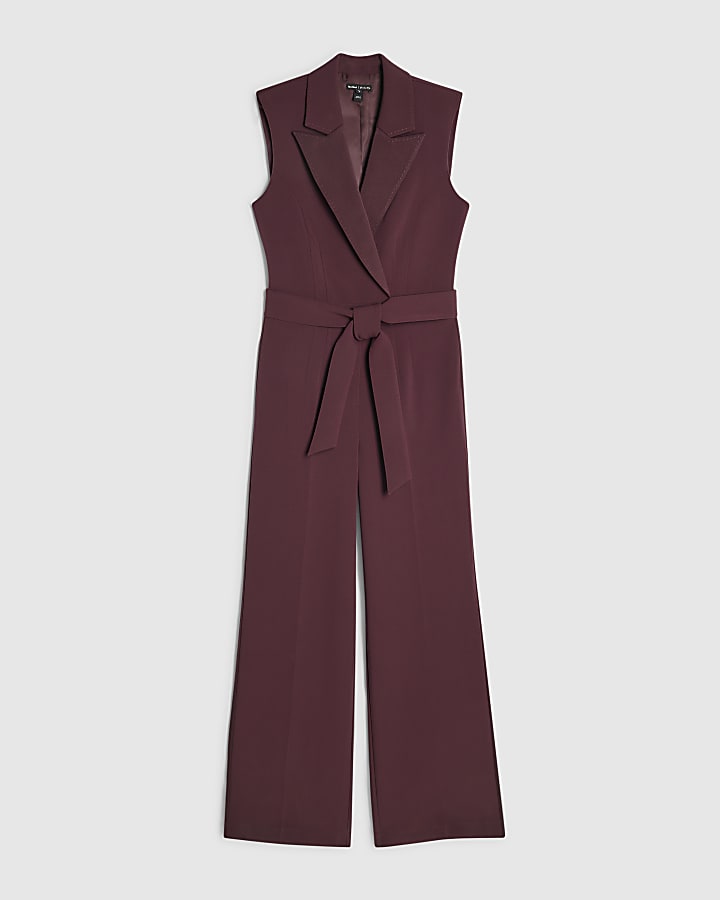 Burgundy Tuxedo Sleeveless Detail Jumpsuit