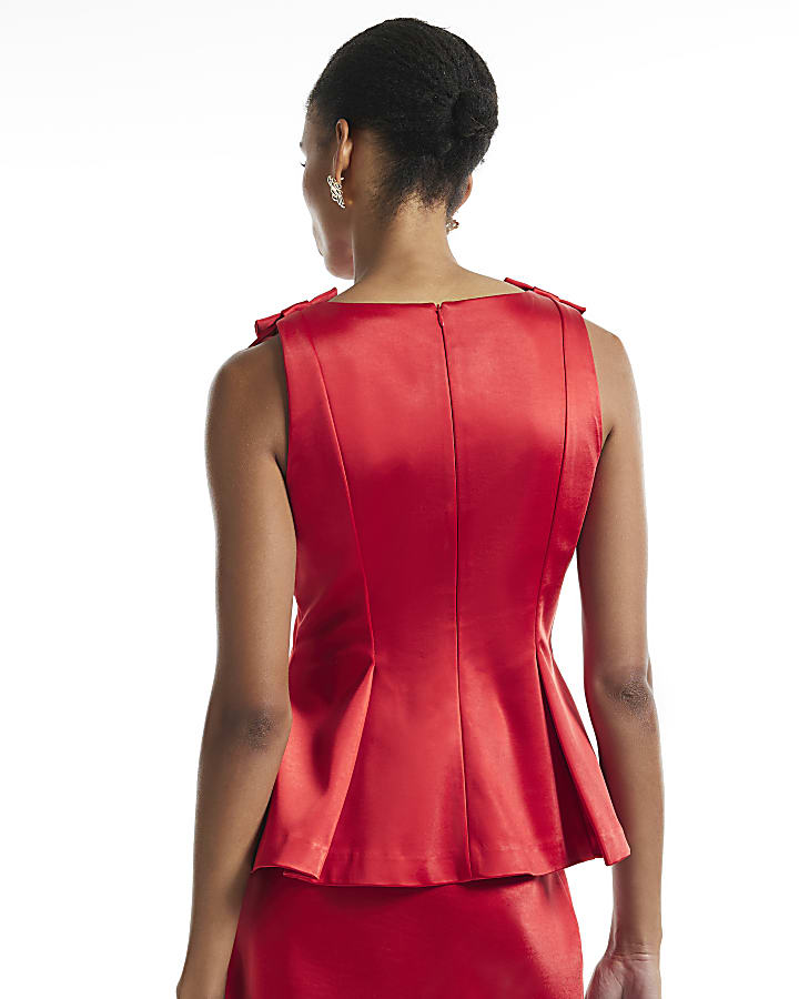 Red Satin Boat Neck Bow Top