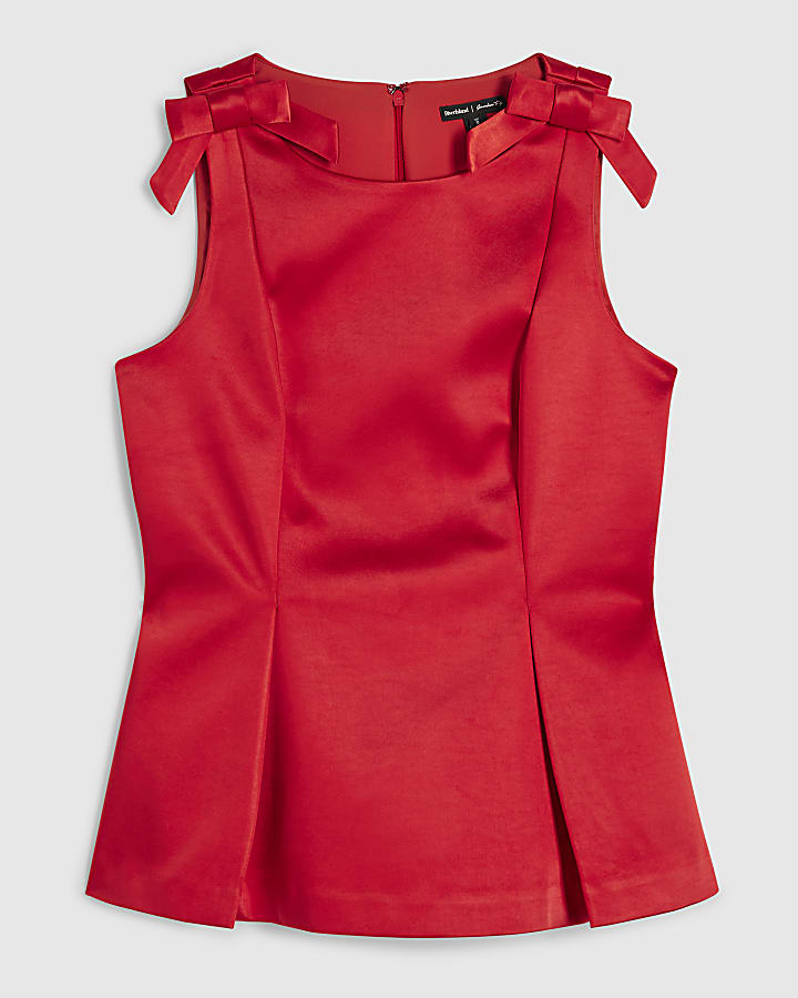 Red Satin Boat Neck Bow Top