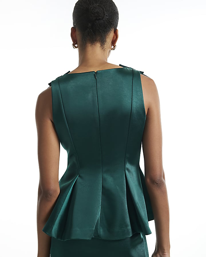 Green Satin Boat Neck Bow Top