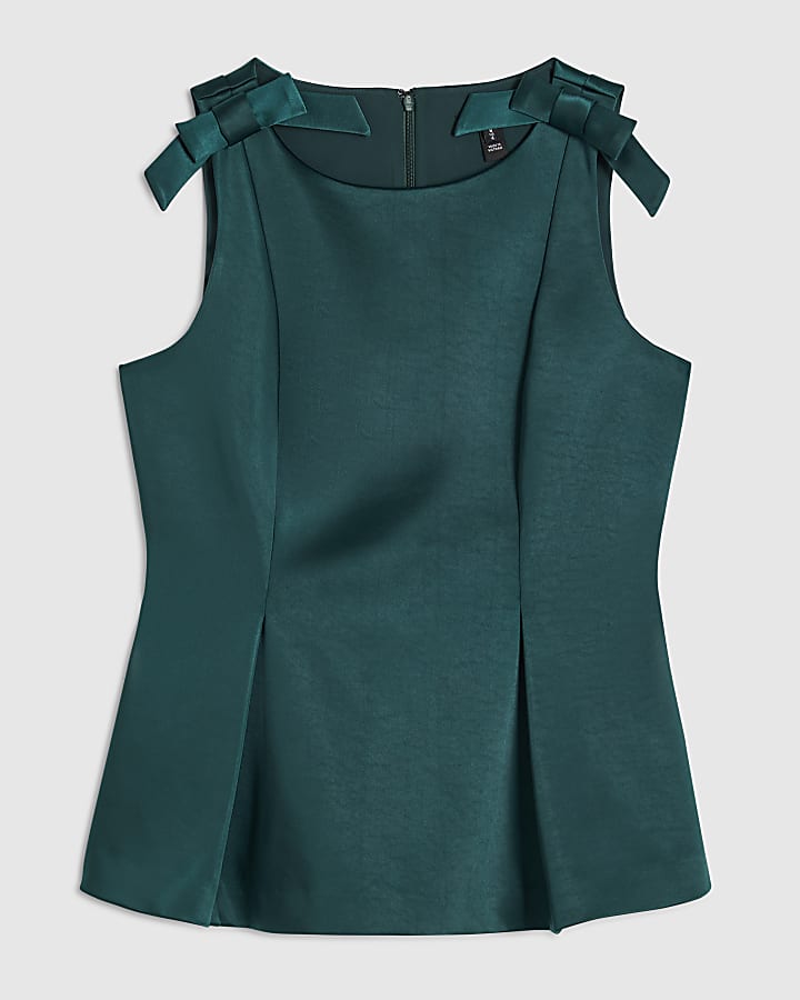 Green Satin Boat Neck Bow Top