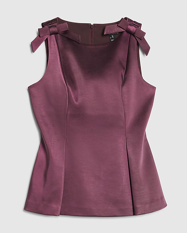 Purple Satin Boat Neck Bow Top