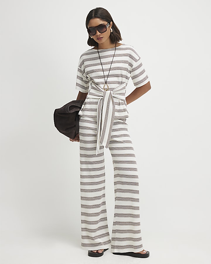 Cream Stripe Wide Leg Trousers