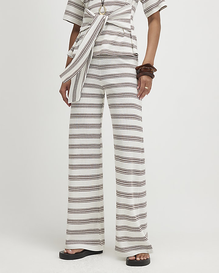 Cream Stripe Wide Leg Trousers