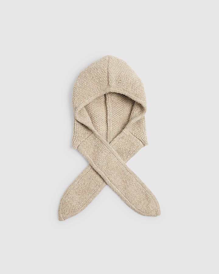 Beige Hooded Triangle Knitted Scarf