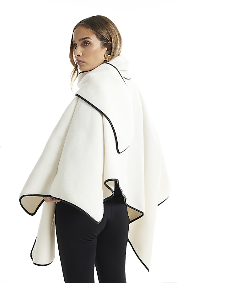 Cream Faux Leather Trim Scarf Cape