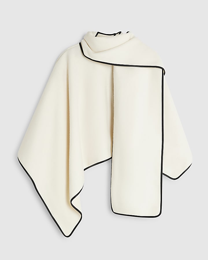 Cream Faux Leather Trim Scarf Cape