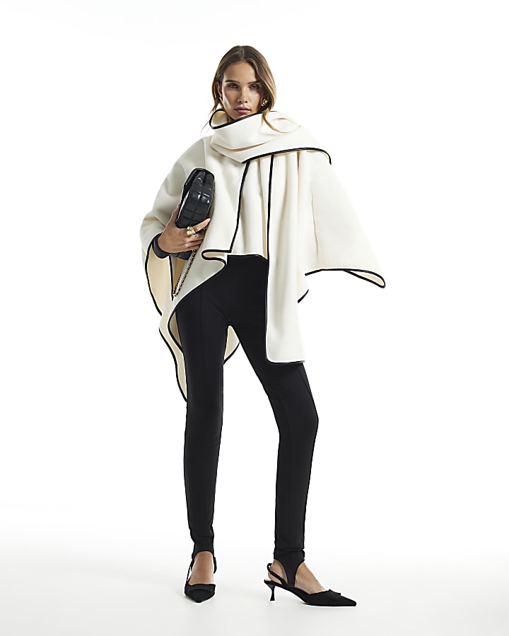 Cream Faux Leather Trim Scarf Cape