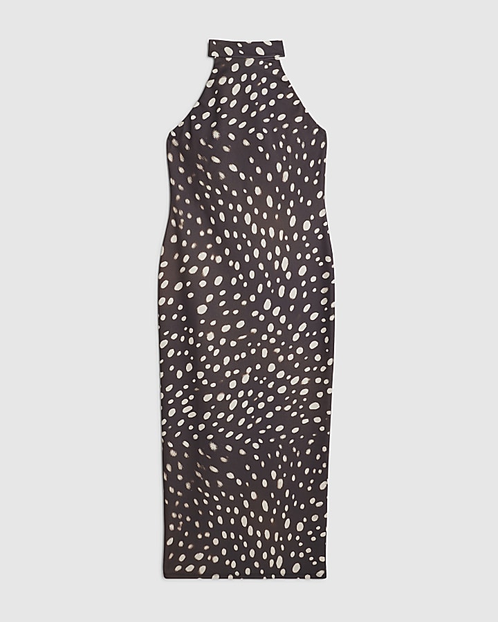 Brown Halter Neck Spot Print Midi Dress