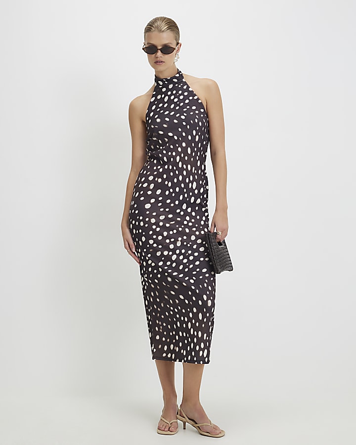 Brown Halter Neck Spot Print Midi Dress