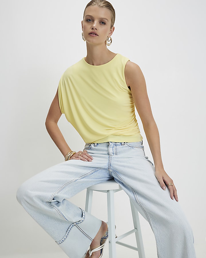 Yellow Asymmetric Drape Ruched Top