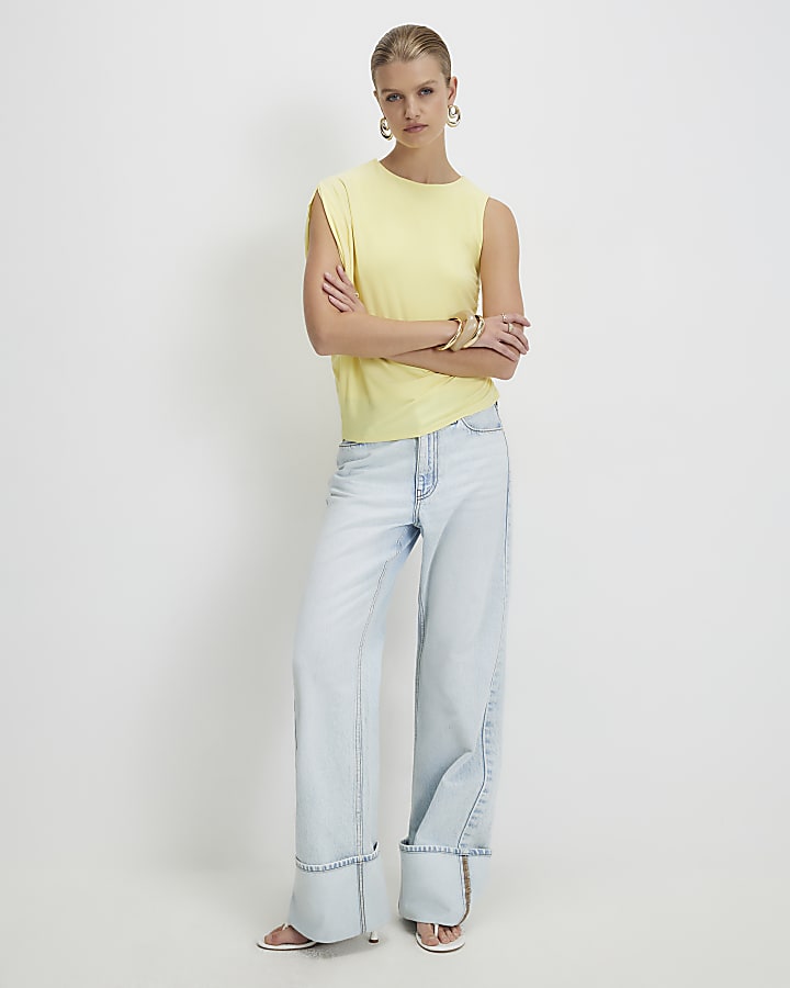 Yellow Asymmetric Drape Ruched Top
