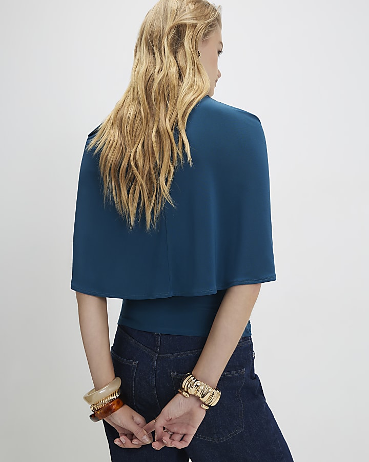 Blue Ruched Cape Front Top