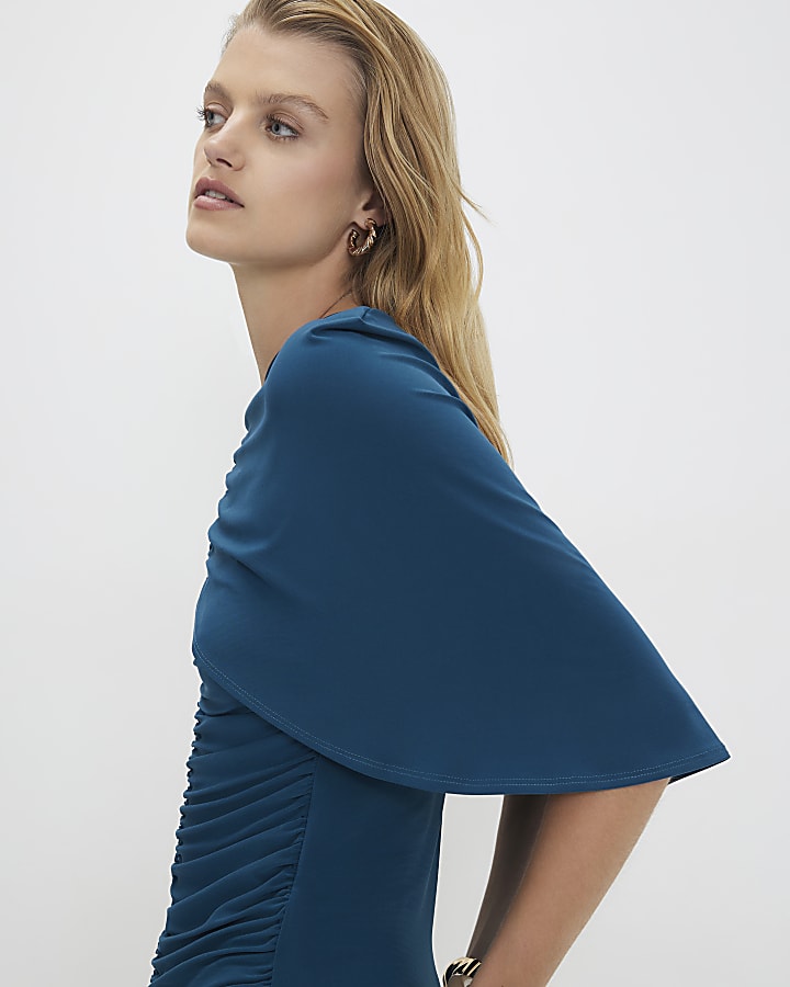 Blue Ruched Cape Front Top
