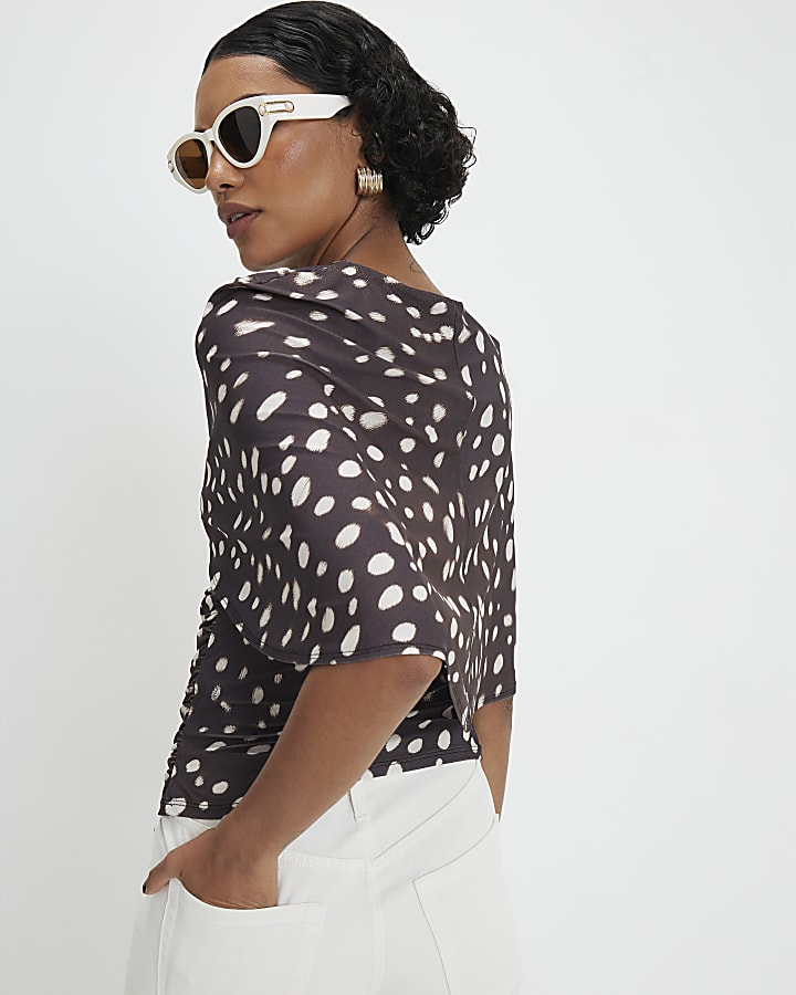Brown Spot Ruched Cape Top
