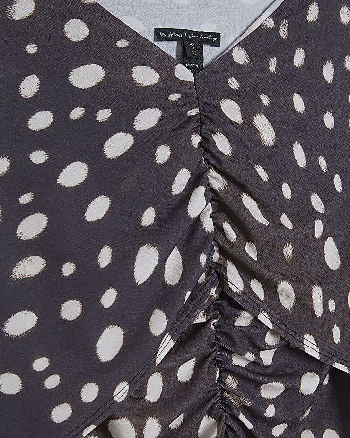 Brown Spot Ruched Cape Top