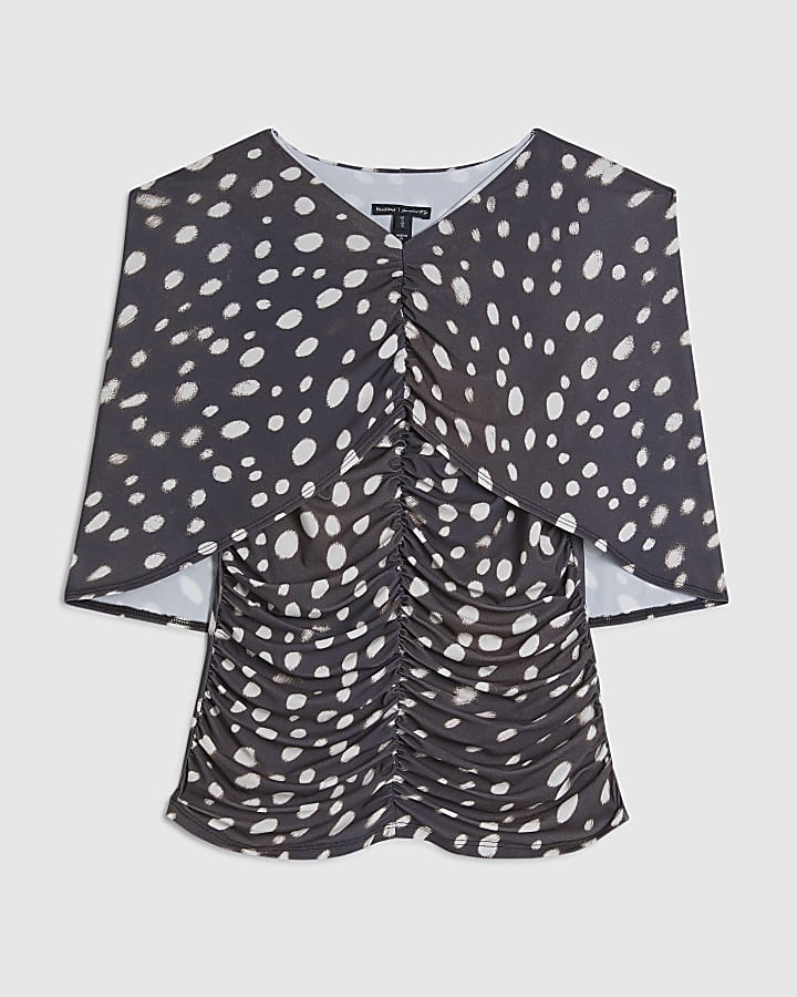 Brown Spot Ruched Cape Top