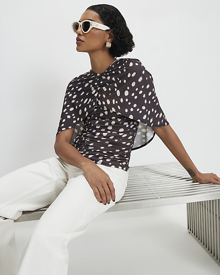 Brown Spot Ruched Cape Top