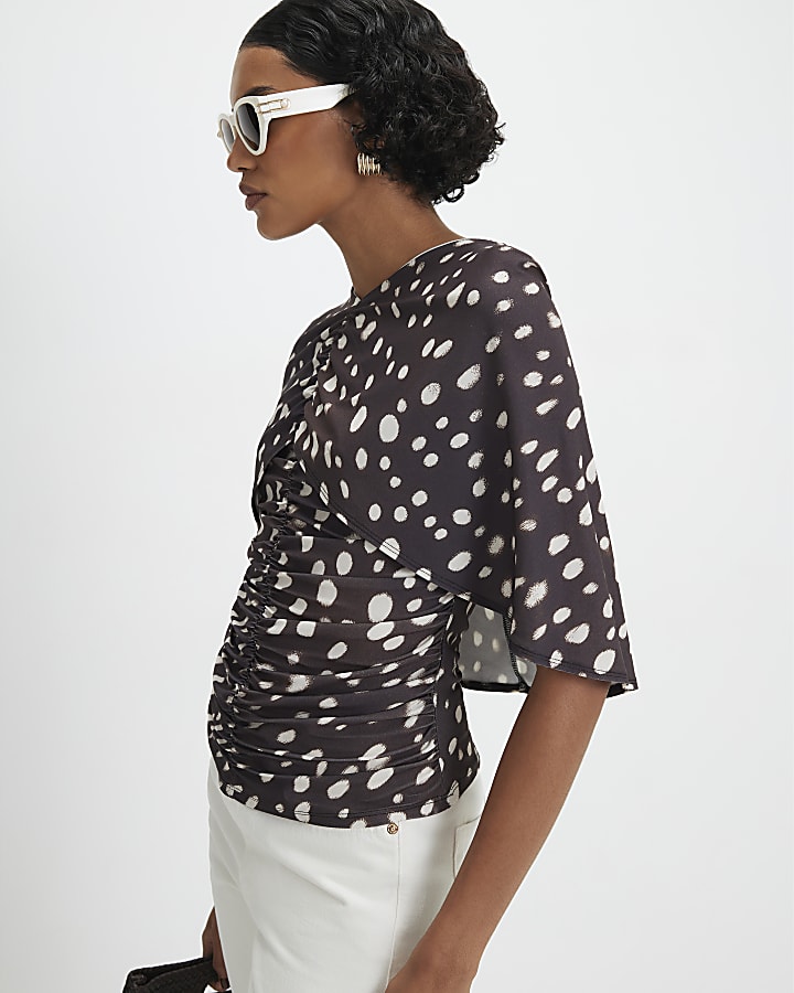 Brown Spot Ruched Cape Top