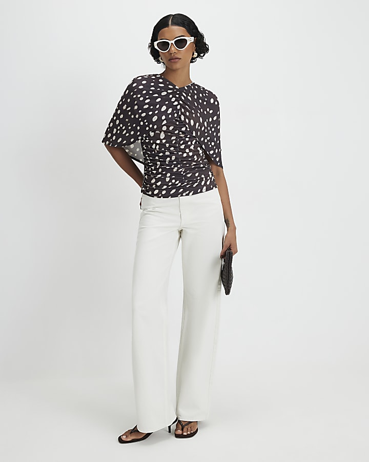 Brown Spot Ruched Cape Top