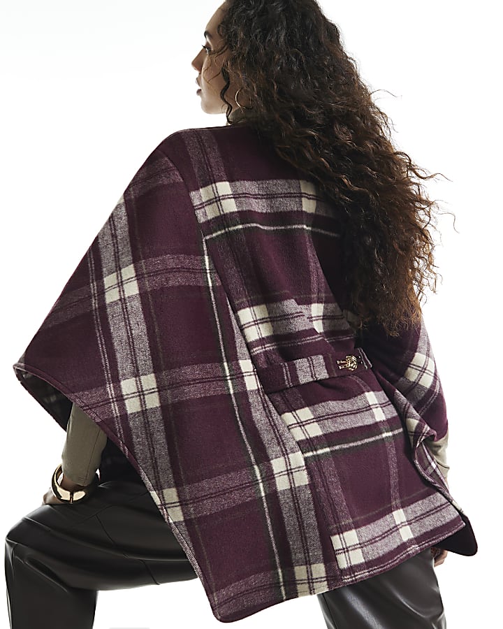 Burgundy Check Print Belted Button Cape