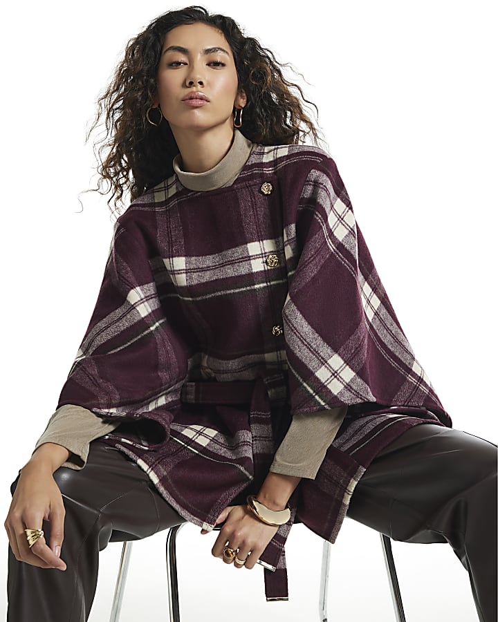 Burgundy Check Print Belted Button Cape