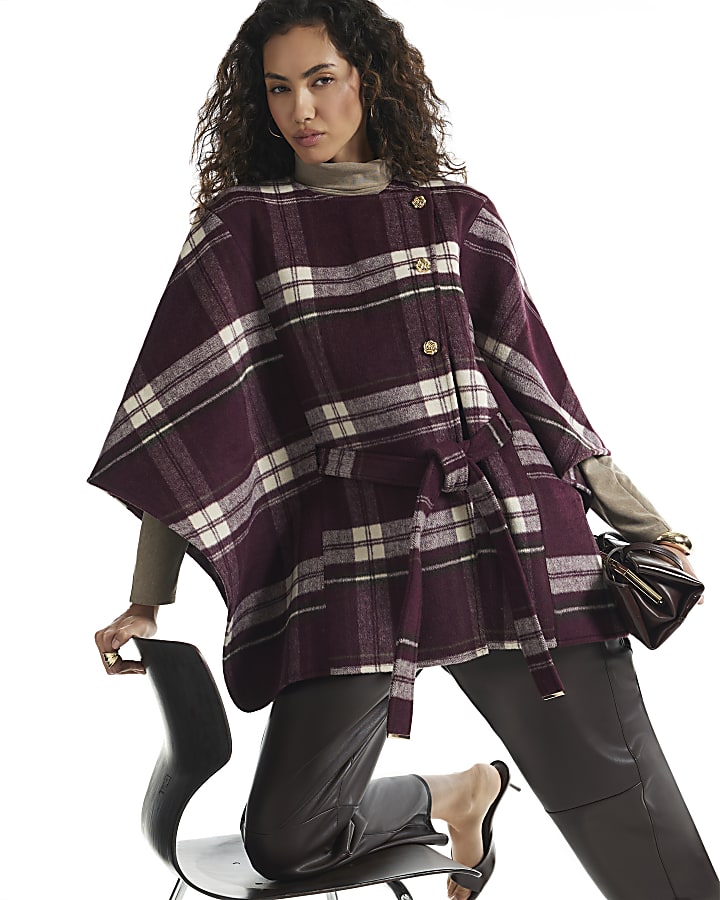 Burgundy Check Print Belted Button Cape
