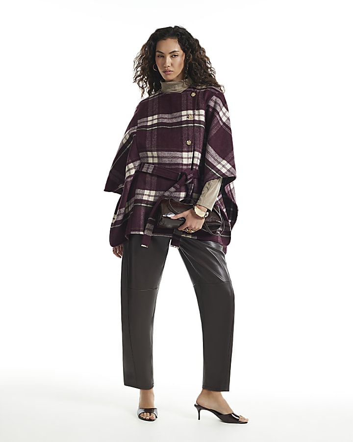 Burgundy Check Print Belted Button Cape
