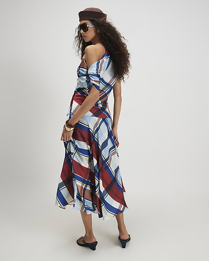 Blue Satin Check Maxi Skirt