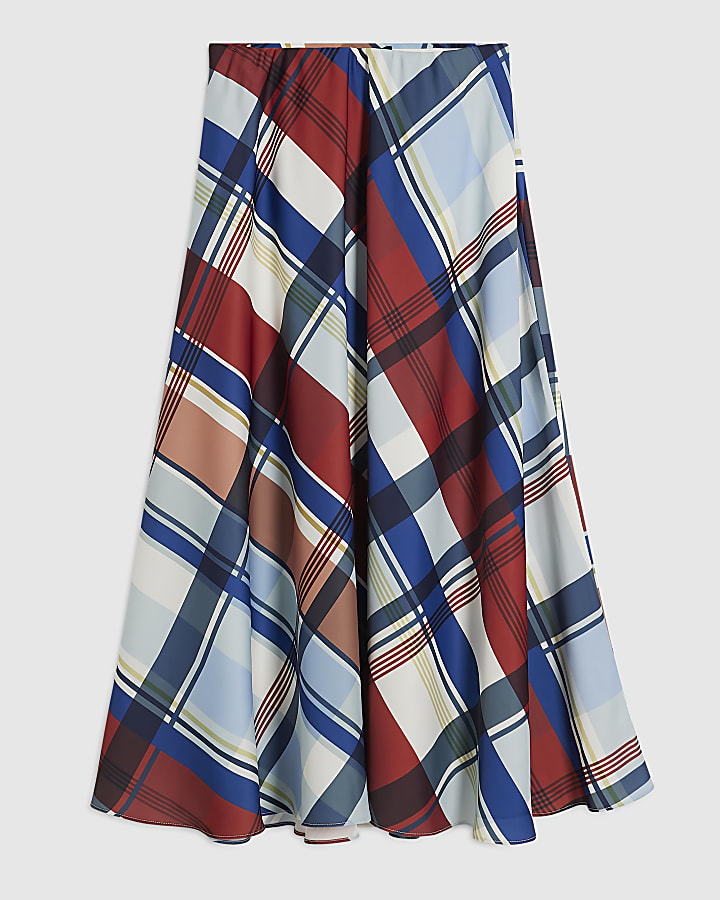 Blue Satin Check Maxi Skirt